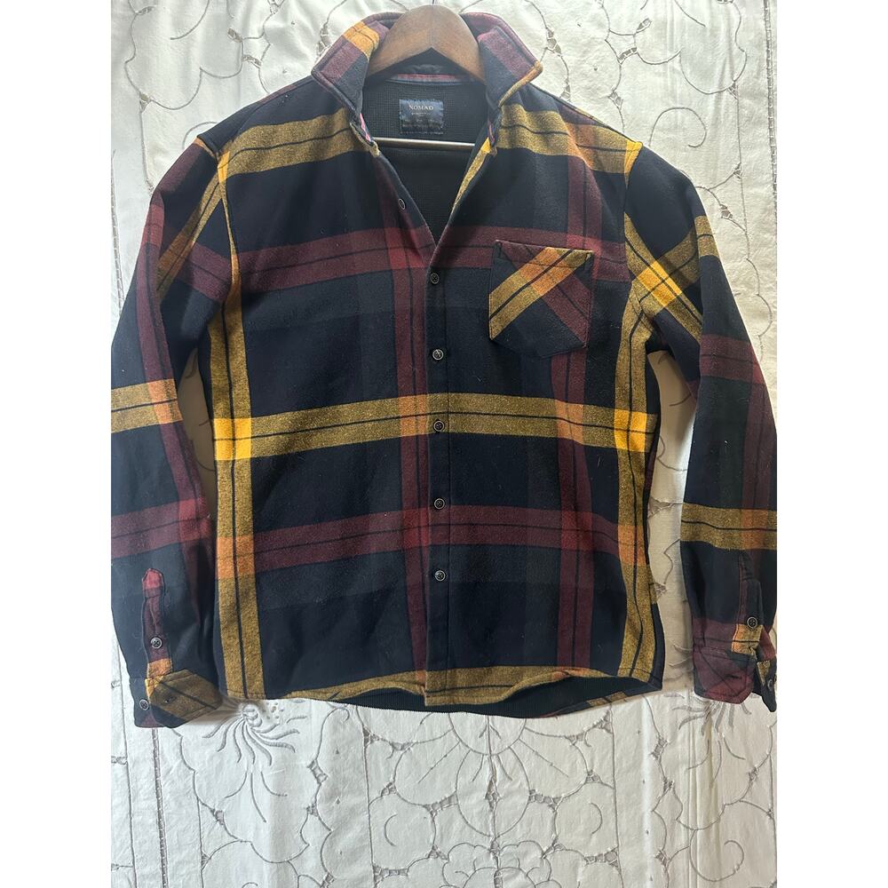 Nomad Plaid heavyweight cotton Shirt Jacket Size L Black Mustard Burgundy